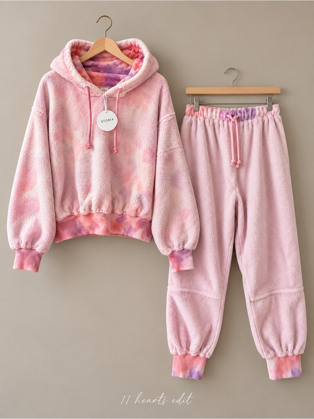 Storia Fuzzy Hoodie & Jogger Set Pink Tie Dye Top S Pants M NWT